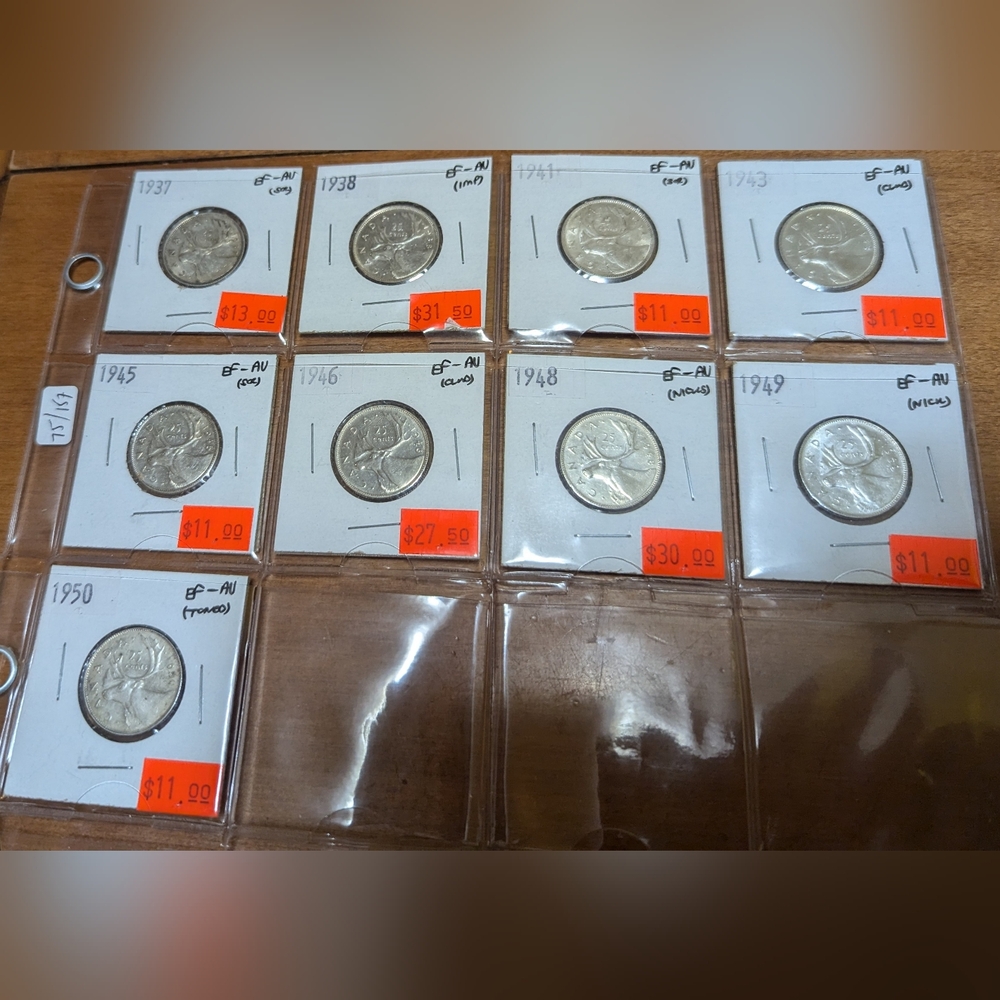 1937-1950 Canadian Silver quarters.